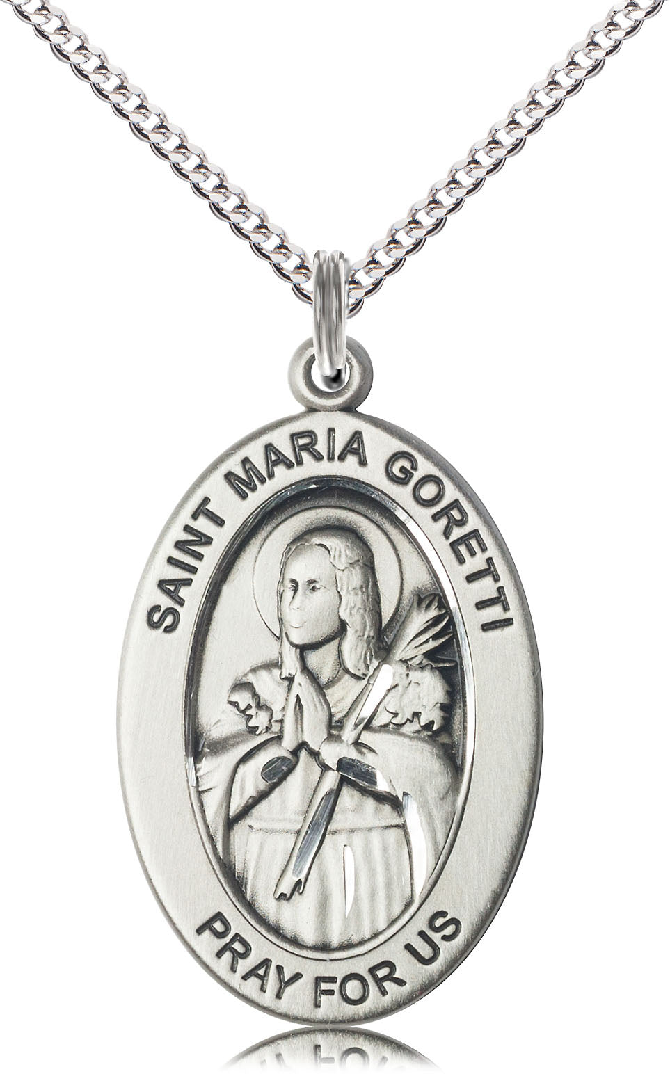 Saint Maria Goretti Medal – Young Martyr of Purity & Forgiveness, Catholic Necklace Gift for Girls & Women, Pewter, 18" Curb Chain, Made in USA