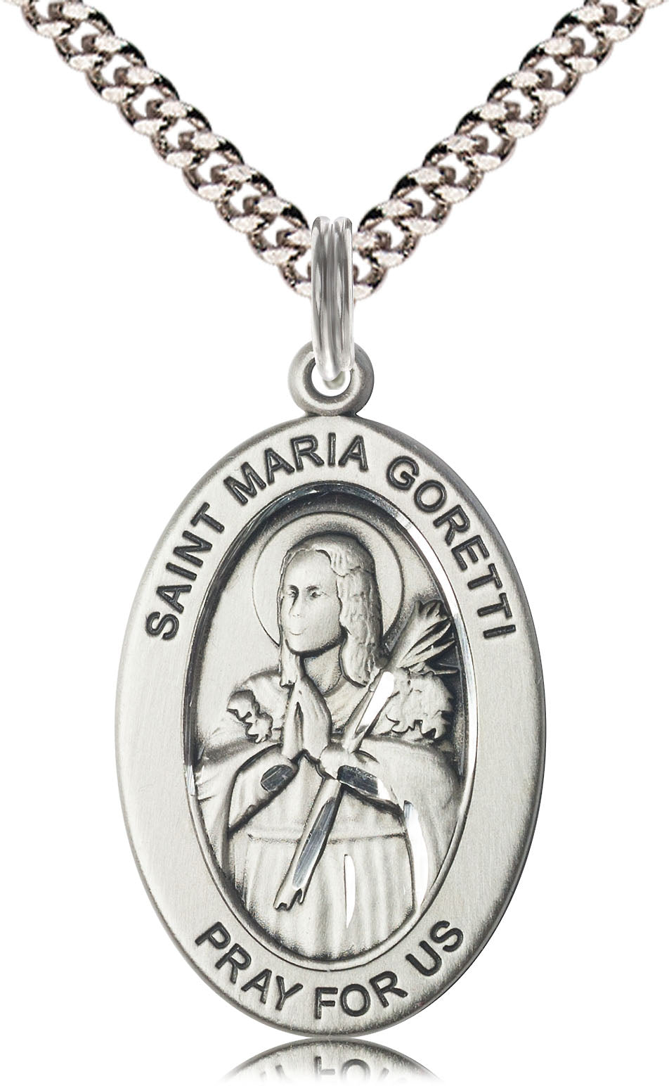 Saint Maria Goretti Medal – Young Martyr of Purity & Forgiveness, Catholic Necklace Gift for Girls & Women, Pewter, 24" Curb Chain, Made in USA