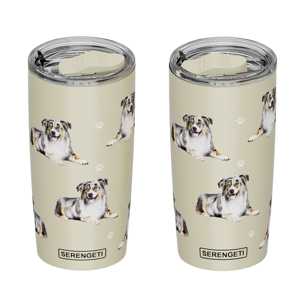 E & S Australian Shepherd 20oz Serengetti Ultimate Tumbler, Double Wall Insulated, Vacuum Sealed, Shatter Resistant Lid, Aussie Dog Gift Mug