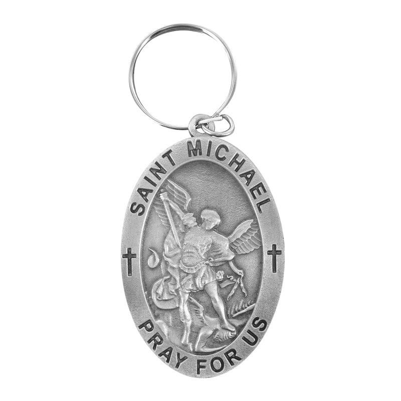 Key Chain- 2-1/4 Inch Fine Pewter Oval St. Michael