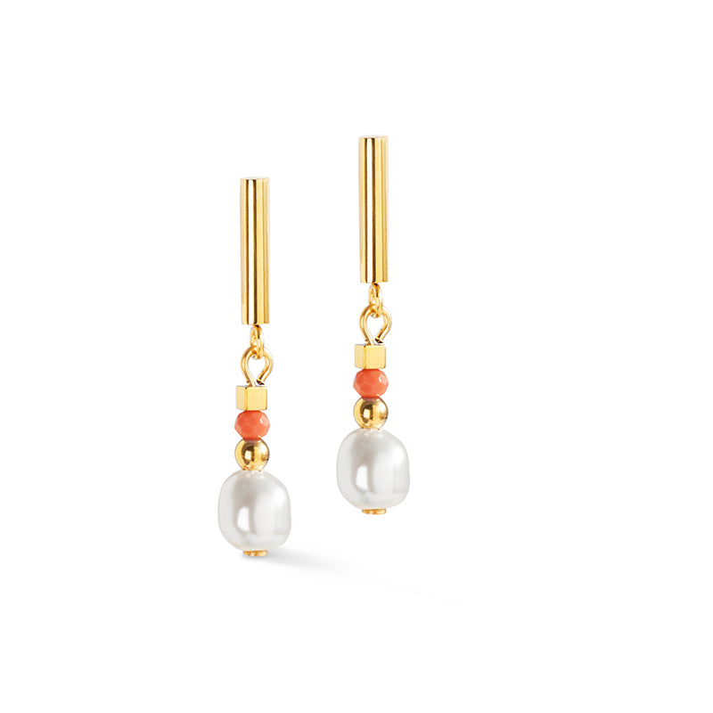 Coral Pierced Earrings with Crystal Pearl Cut Glass and Stainless Steel Gold