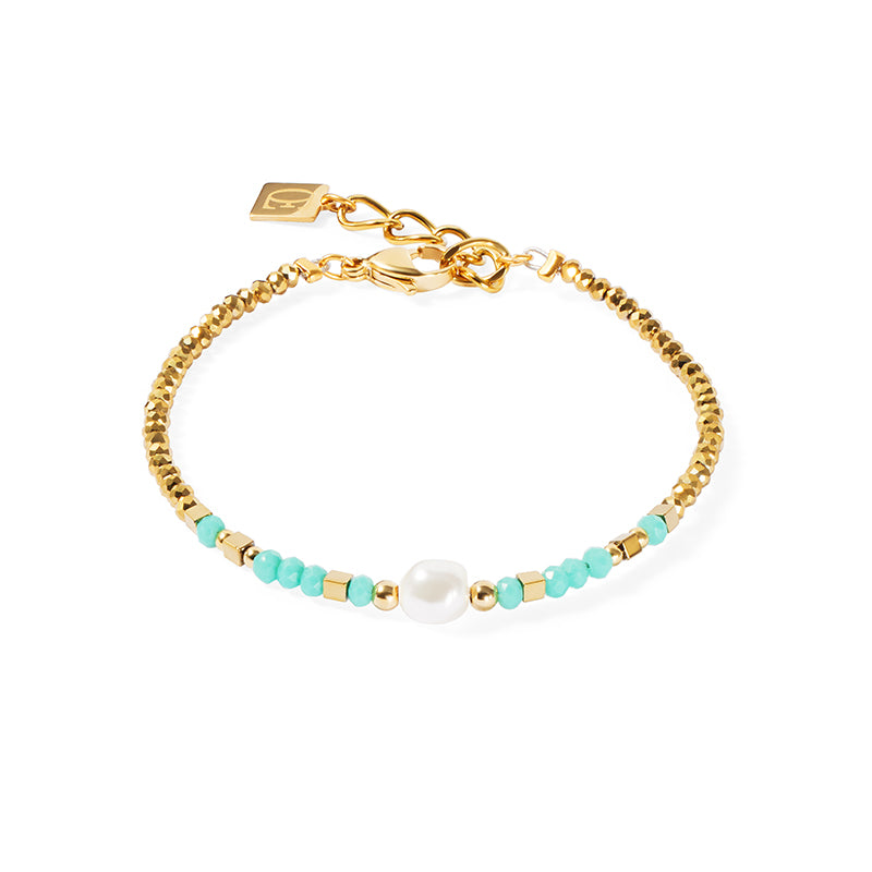 Mint Green Crystal Pearl Cut Glass Bracelet with Stainless Steel Gold Accents