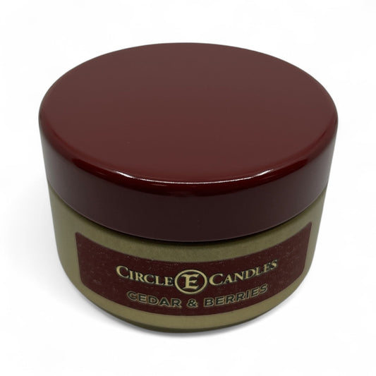 Circle E Candles, Cedar and Berries Scent, Extra Small Size Travel Tin Candle, 4oz, 1 Wick