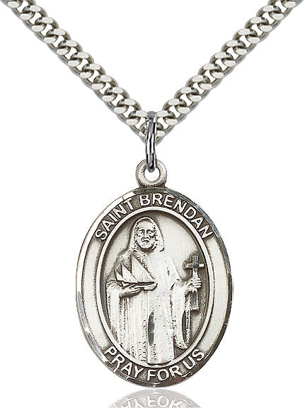 Extel Large Oval Sterling Silver St. Brendan the Navigator Pendant with 24" chain, Made in USA