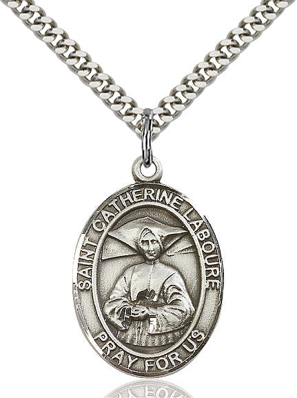 Extel Large Oval Sterling Silver St. Catherine Laboure Pendant with 24" chain, Made in USA
