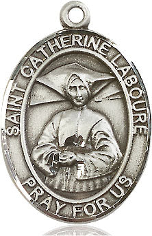 Extel Large Oval Sterling Silver St. Catherine Laboure Pendant with 24" chain, Made in USA