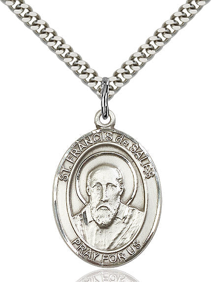 Extel Large Oval Sterling Silver St. Francis de Sales Pendant with 24" chain, Made in USA