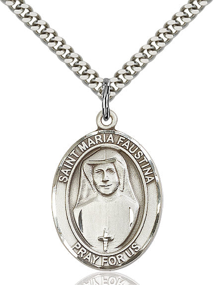 Extel Large Oval Sterling Silver St. Maria Faustina Pendant with 24" chain, Made in USA