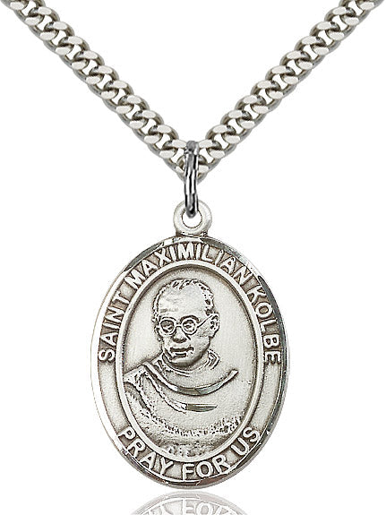 Extel Large Oval Sterling Silver St. Maximilian Kolbe Pendant with 24" chain, Made in USA