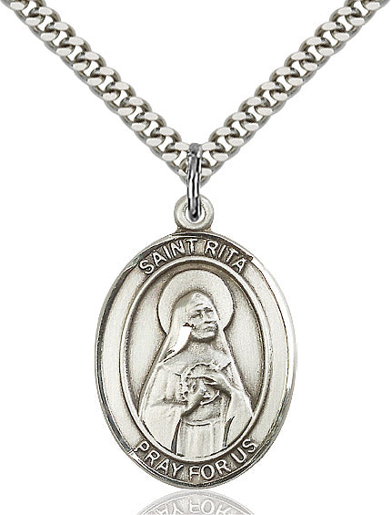Extel Large Oval Sterling Silver St. Rita of Cascia Pendant with 24" chain, Made in USA