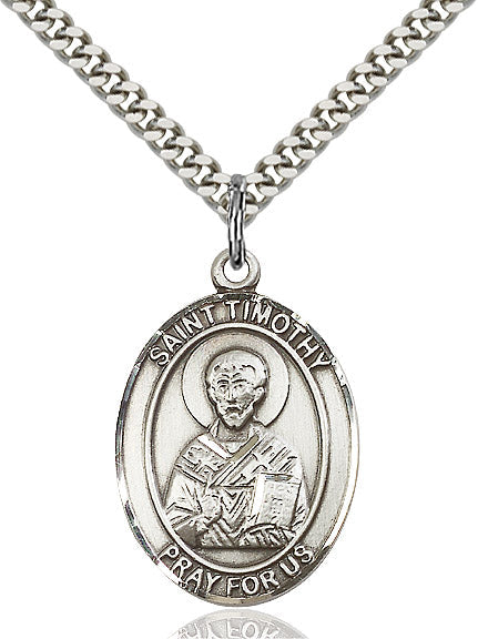 Extel Large Oval Sterling Silver St. Timothy Pendant with 24" chain, Made in USA