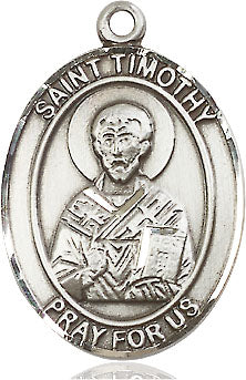 Extel Large Oval Sterling Silver St. Timothy Pendant with 24" chain, Made in USA