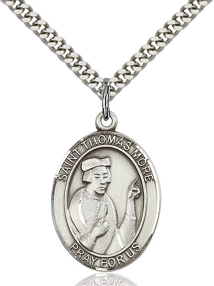 Extel Large Oval Sterling Silver St. Thomas More Pendant with 24" chain, Made in USA