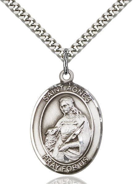 Extel Large Oval Sterling Silver St. Agnes of Rome Pendant with 24" chain, Made in USA