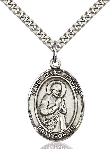 Extel Large Oval Sterling Silver St. Isaac Jogues Pendant with 24" chain, Made in USA