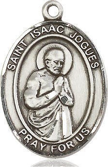 Extel Large Oval Sterling Silver St. Isaac Jogues Pendant with 24" chain, Made in USA