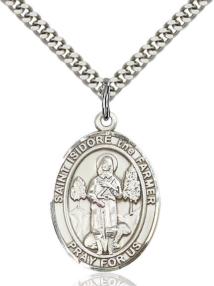 Extel Large Oval Sterling Silver St. Isidore the Farmer Pendant with 24" chain, Made in USA