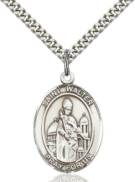 Extel Large Oval Sterling Silver St. Walter of Pontnoise Pendant with 24" chain, Made in USA
