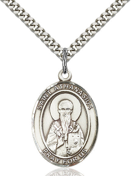 Extel Large Oval Sterling Silver St. Athanasius Pendant with 24" chain, Made in USA