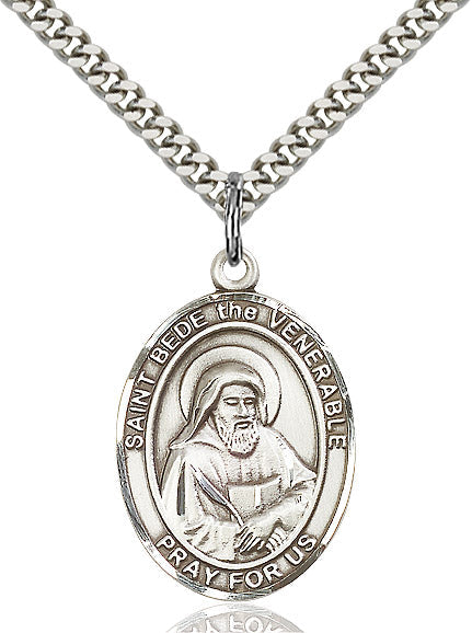 Extel Large Oval Sterling Silver St. Bede the Venerable Pendant with 24" chain, Made in USA