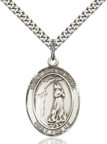 Extel Large Oval Sterling Silver St. Zoe of Rome Pendant with 24" chain, Made in USA