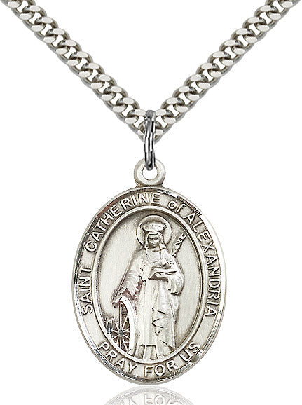 Extel Large Oval Sterling Silver St. Catherine of Alexandria Pendant with 24" chain, Made in USA