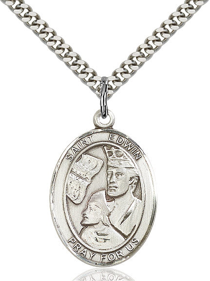 Extel Large Oval Sterling Silver St. Edwin Pendant with 24" chain, Made in USA