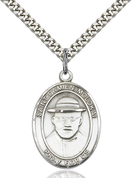 Extel Large Oval Sterling Silver St. Damien of Molokai Pendant with 24" chain, Made in USA