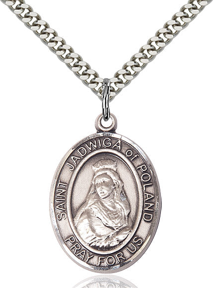 Extel Large Oval Sterling Silver St. Jadwiga of Poland Pendant with 24" chain, Made in USA