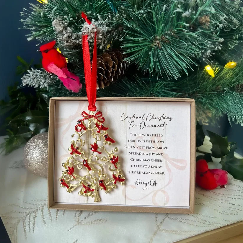 GOLD CARDINAL TREE ORNAM W/RED EPOXY ON RED RIBBN,
