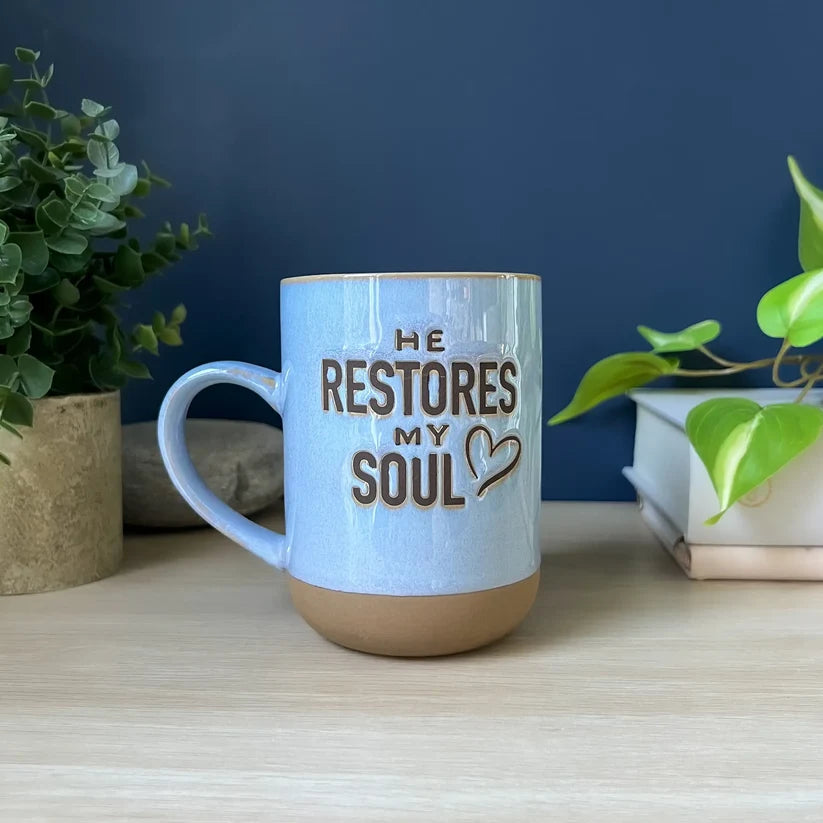 HE RESTORES MY SOUL POTTRY MUG BOXED, 18 OZ