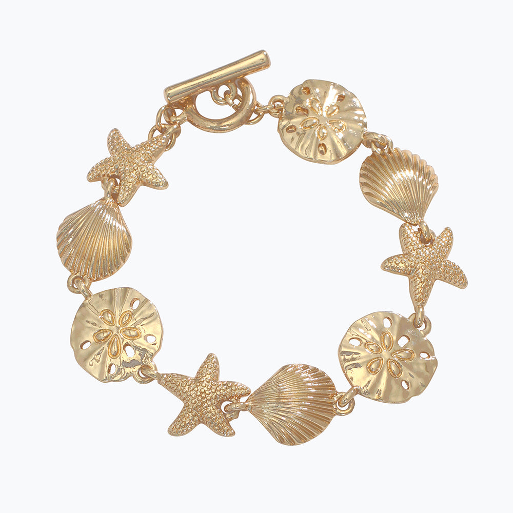 Gold Sea Life Charm Bracelet With Shell Starfish Seahorse