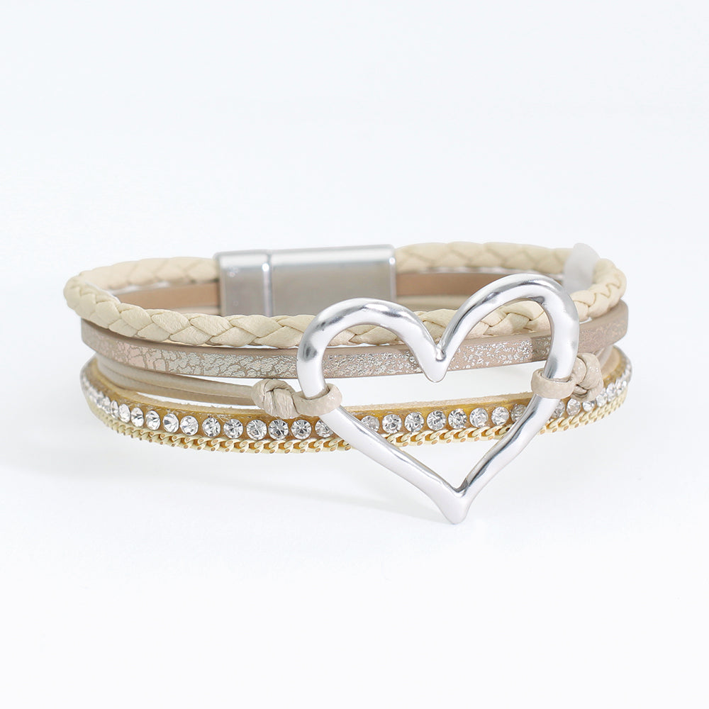 Delicate Beige Leather Bracelet With Silver Heart Charm