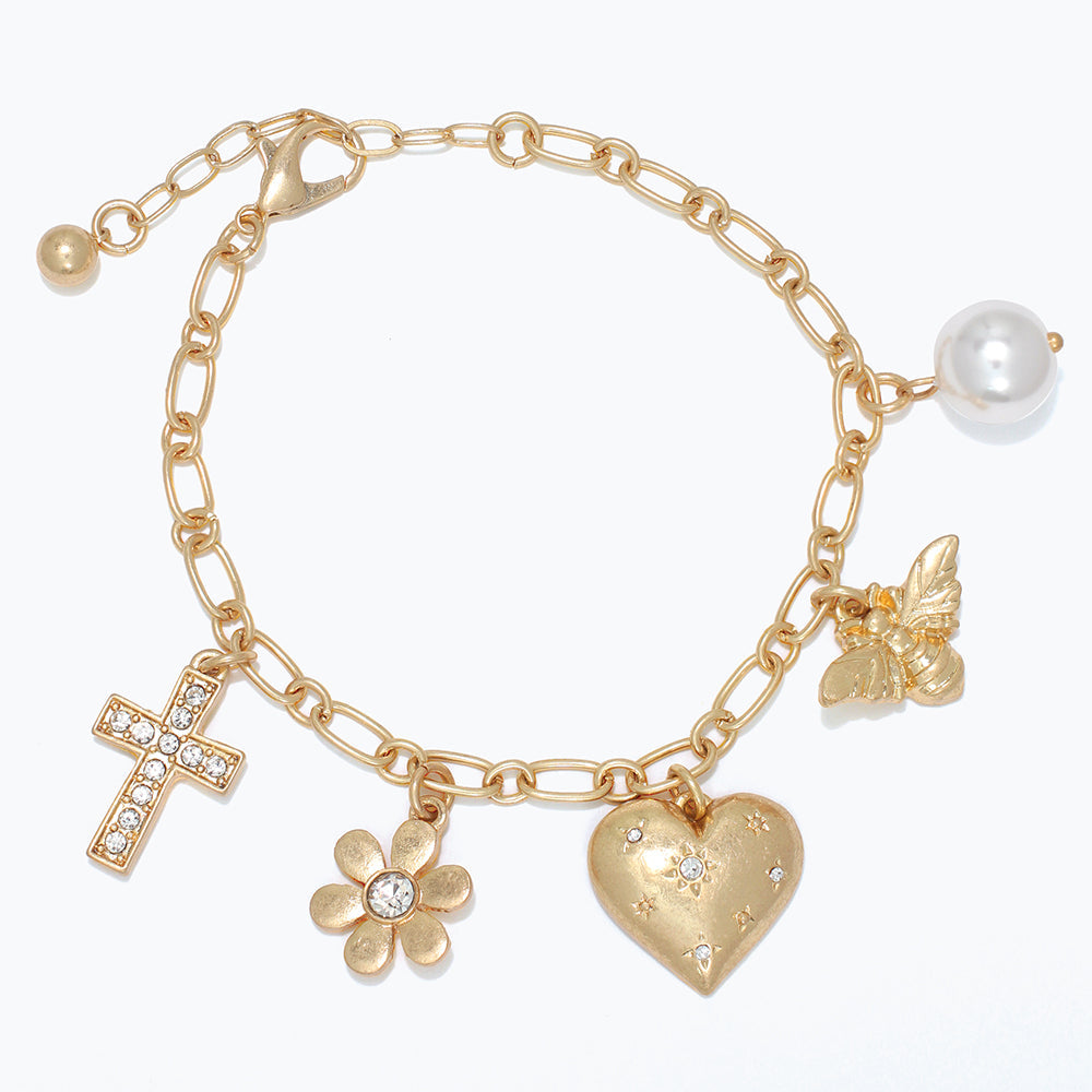 Gold Tone Link Bracelet With Playful Daily Dangle Charms