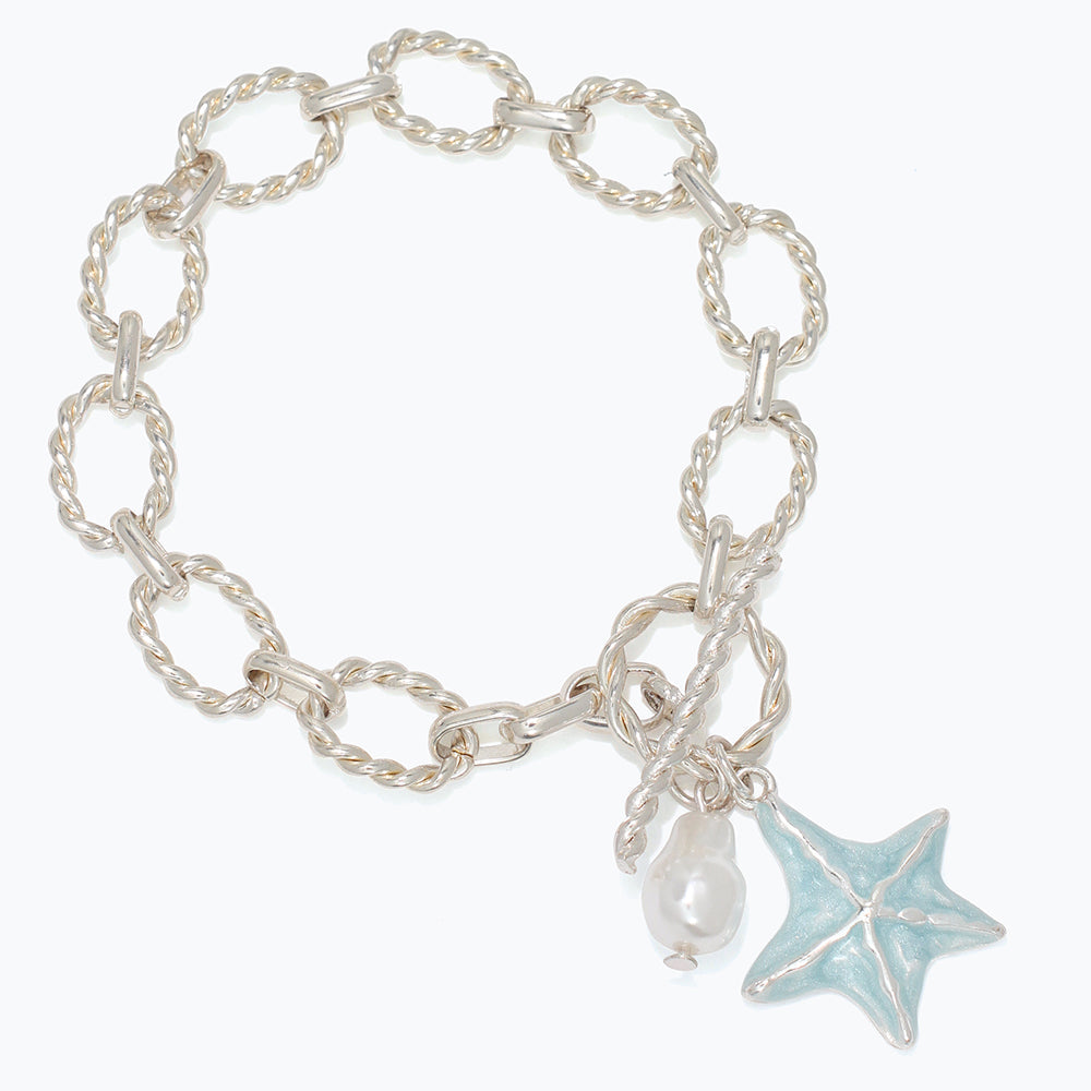 Sterling Silver Chain Bracelet With Blue Starfish Charm