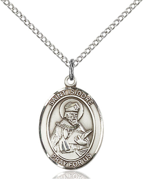 Extel Medium Oval Sterling Silver St. Isidore of Seville Pendant with 18" chain, Made in USA