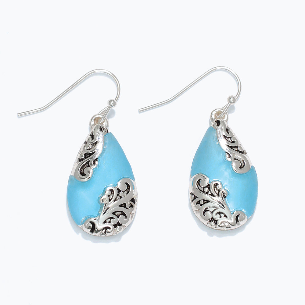 Sky Blue Glass Earrings With Sterling Silver Filigree