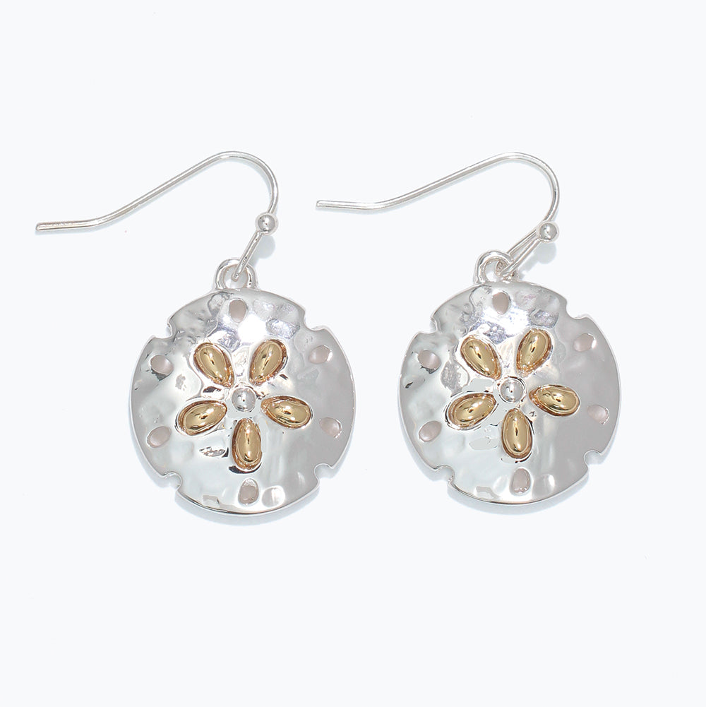 Two Tone Sand Dollar Earrings Sterling Silver Gold Plated