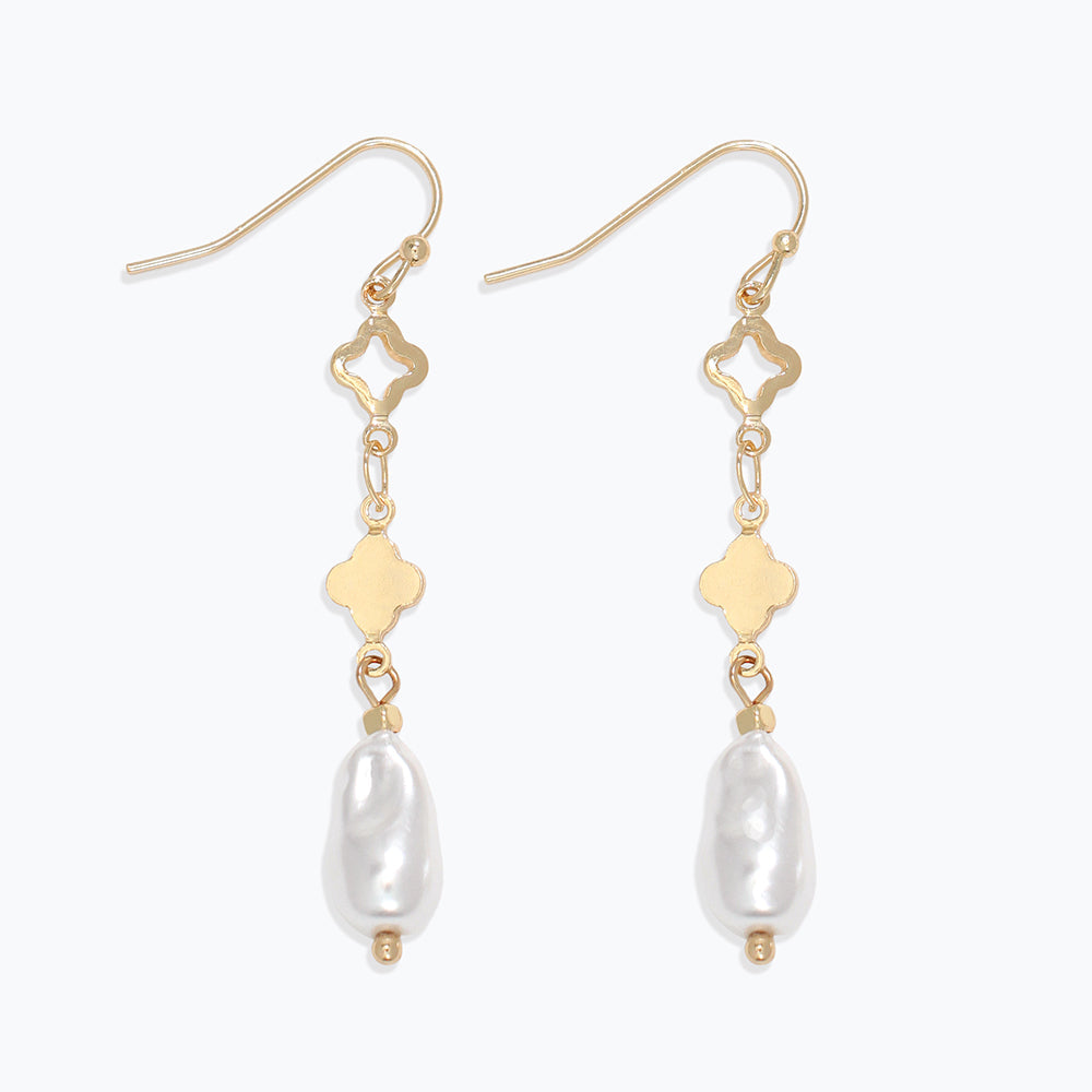 Gold Clover Earrings With Pearl Drop Dangles For Women