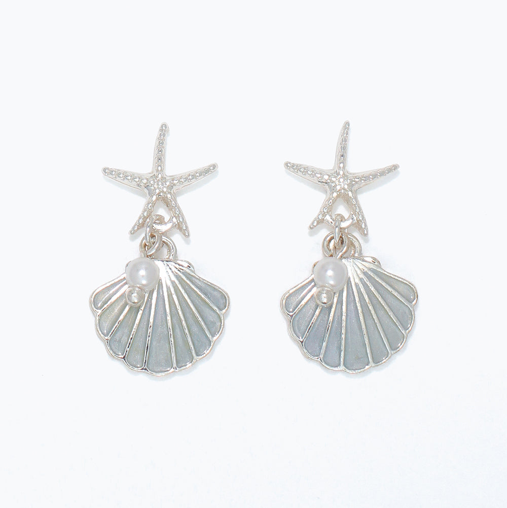 Starfish Shell Pearl Drop Earrings Coastal Beach Jewelry