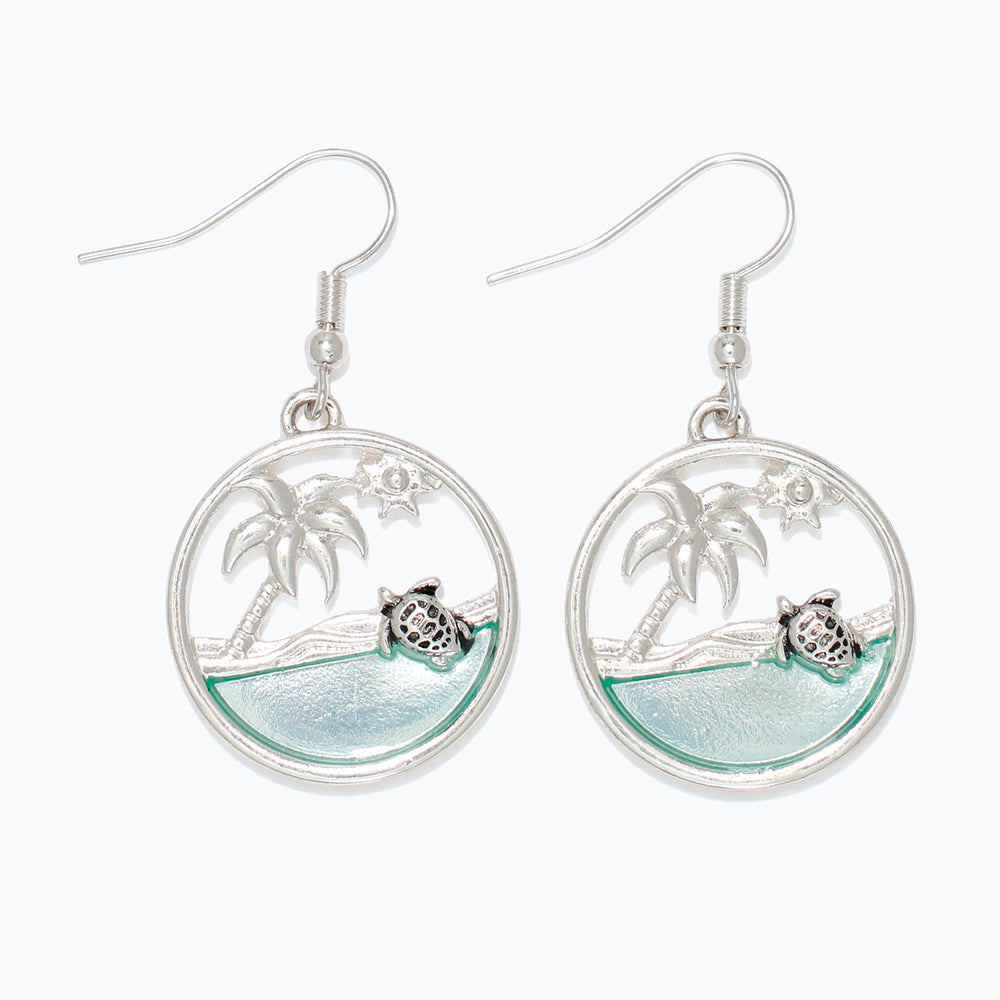 Sterling Silver Turtle Palm Cutout Dangle Beach Earrings
