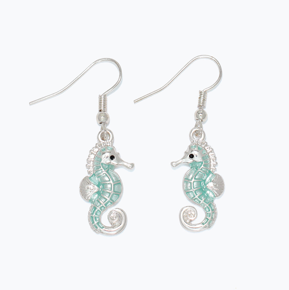 Silver Mint Seahorse Earrings For Women Summer Beach
