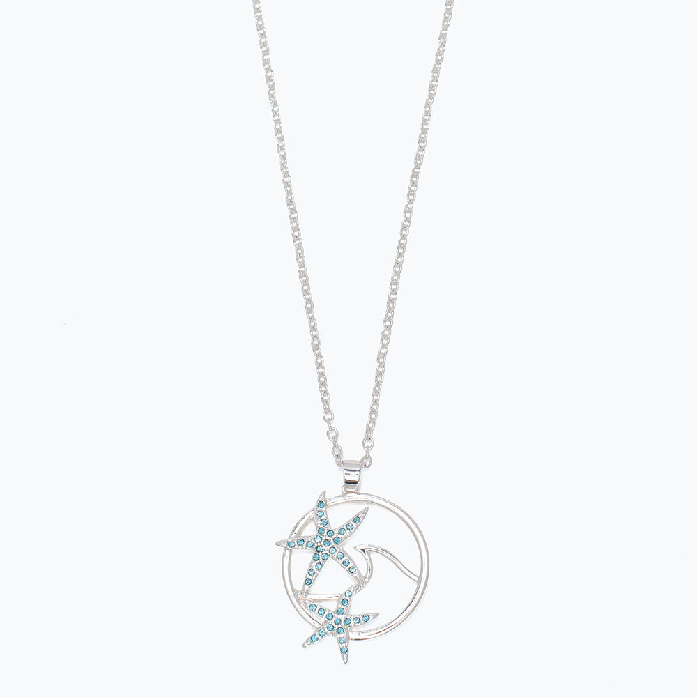 Ocean Aqua Crystal Starfish Necklace With Wave Pendant