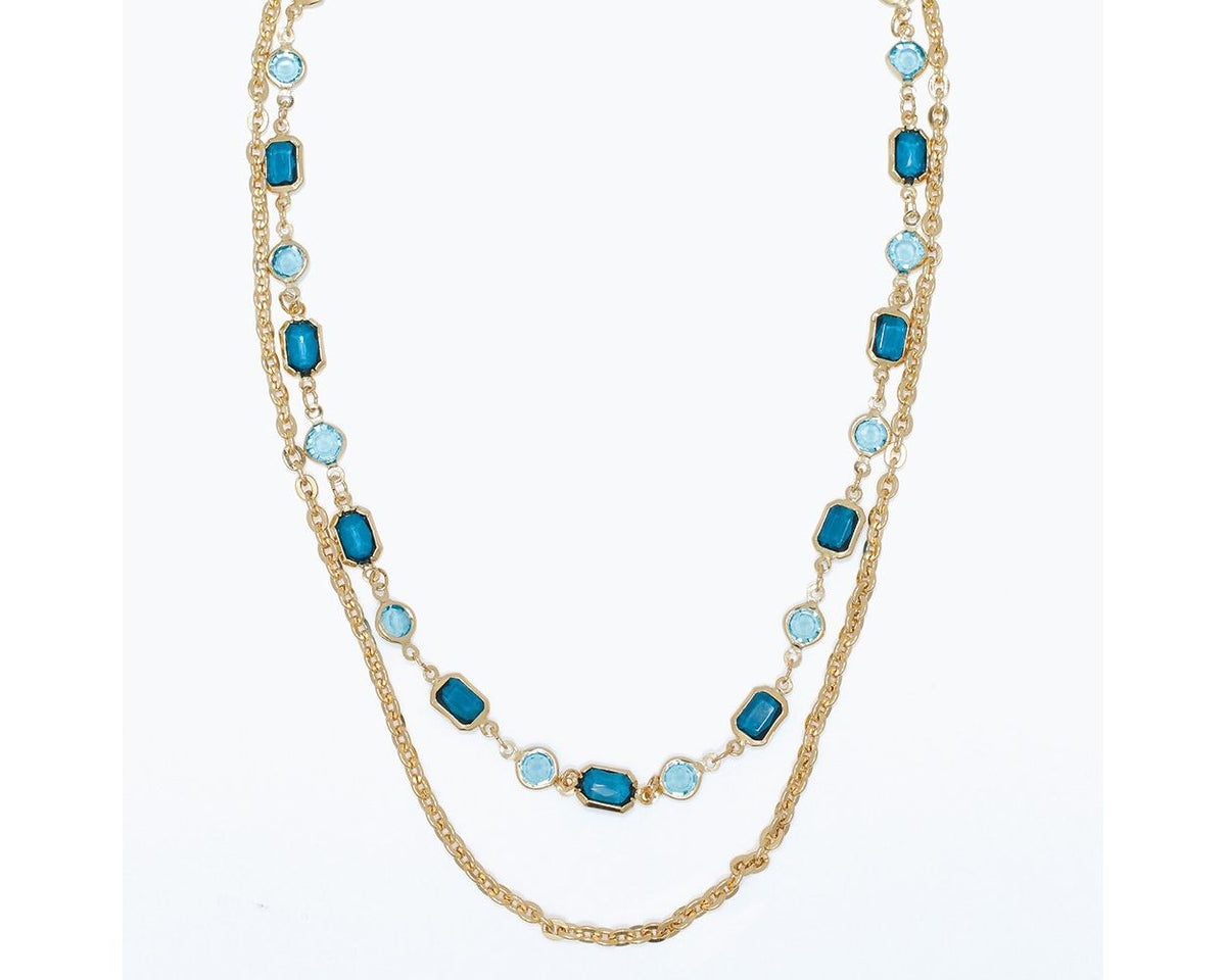 Necklace-Blue Crystals + Gold Chain