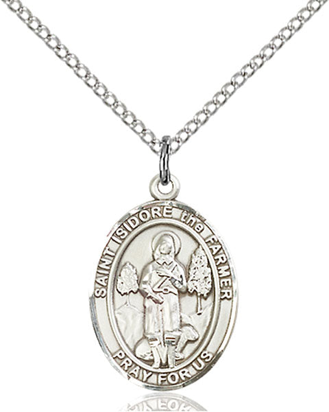 Extel Medium Oval Sterling Silver St. Isidore the Farmer Pendant with 18" chain, Made in USA