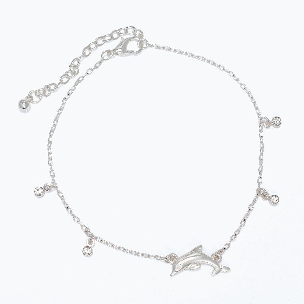 Sterling Silver Dolphin Anklet With Crystal Dangle Charm