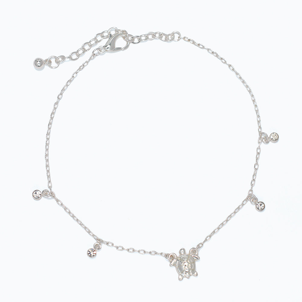 Sterling Silver Turtle Anklet With Crystal Drop Charm