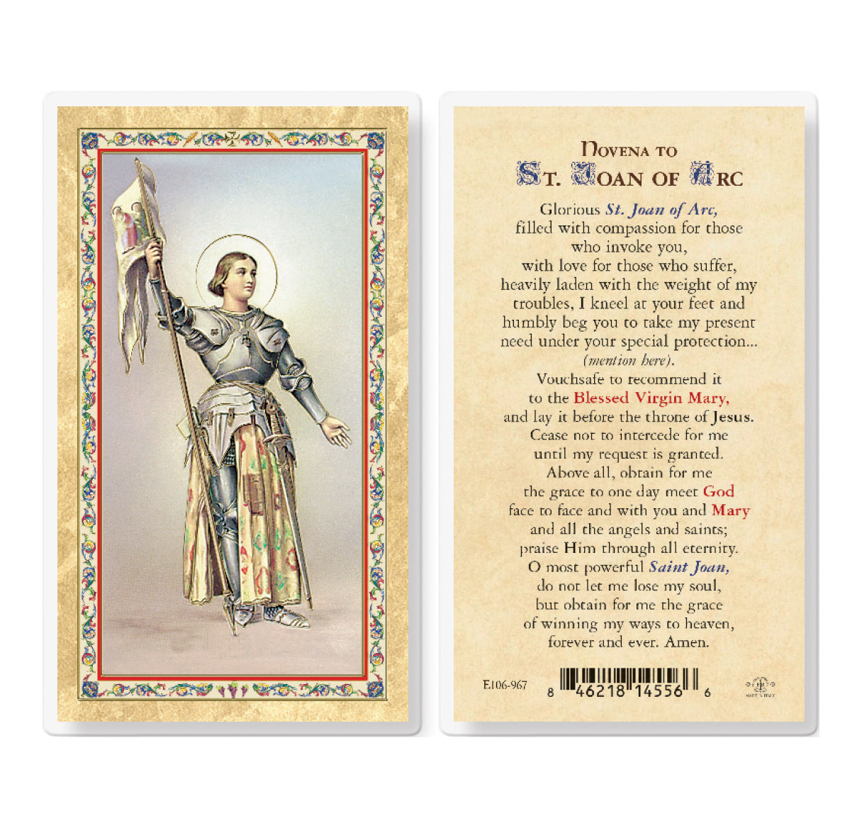 Novena to St. Joan of Arc Gold-Stamped Laminated Holy Card, Single Card
