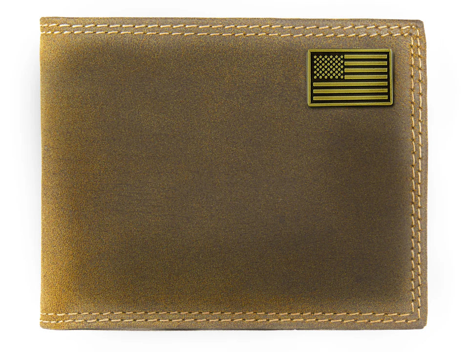 American Flag Vintage Tan Leather Bifold Wallet for Men