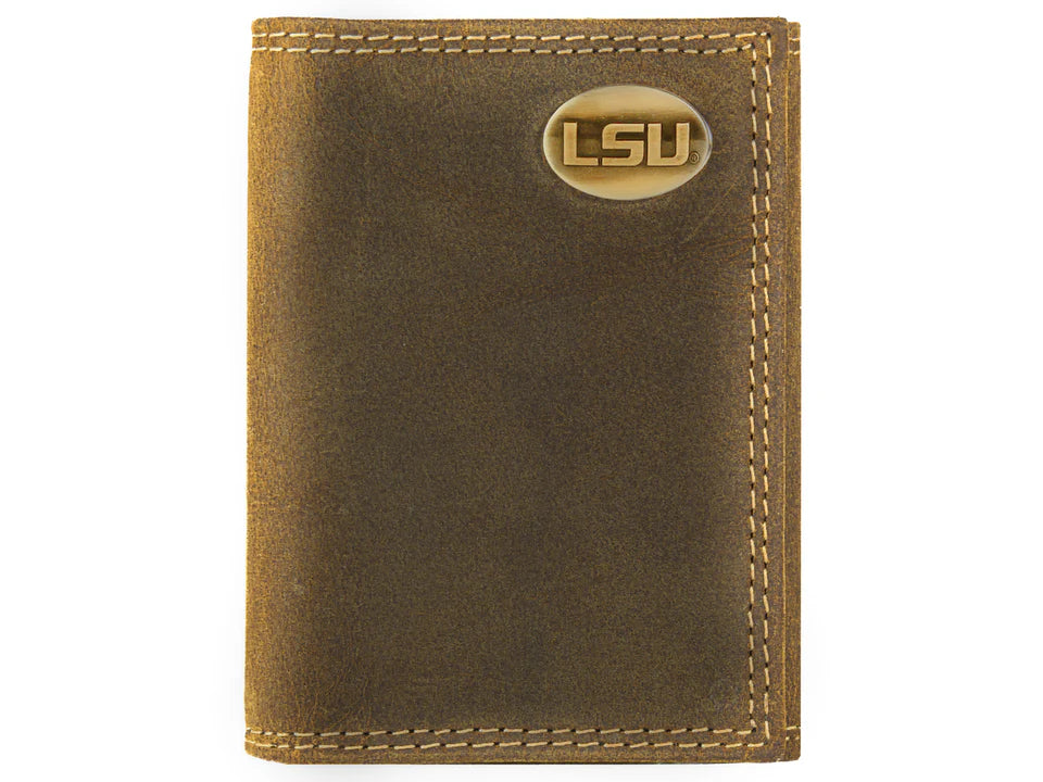 LSU Tigers Vintage Tan Leather Trifold Wallet for Fans